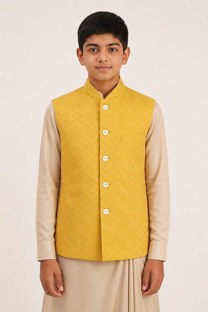Marigold Yellow Cotton Silk Embroidered Nehru Jacket For Boys by Dhruv Vaish Kids at Pernia's Pop Up Shop