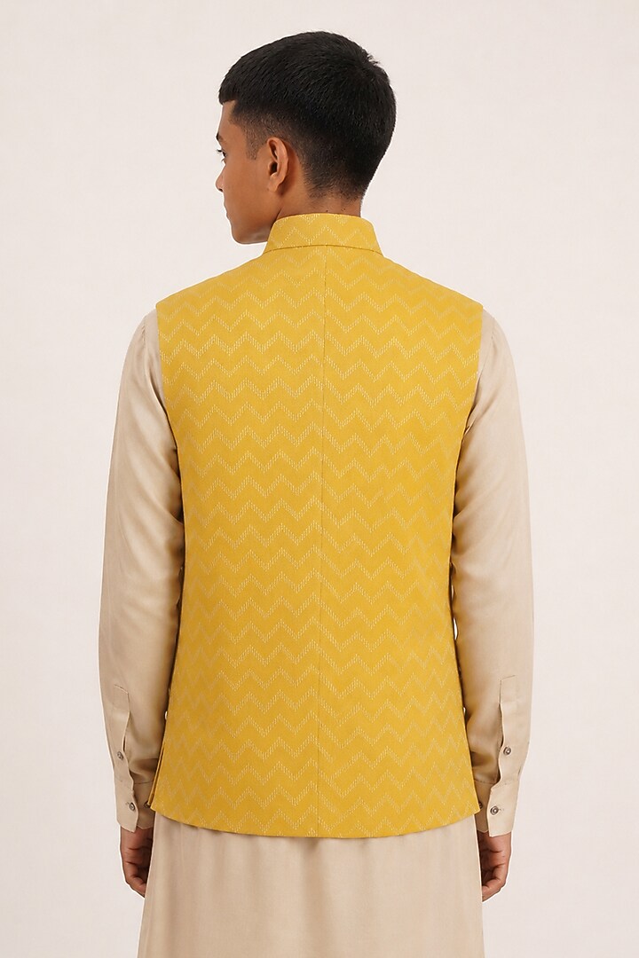Marigold Yellow Cotton Silk Embroidered Nehru Jacket For Boys by Dhruv Vaish Kids at Pernia's Pop Up Shop