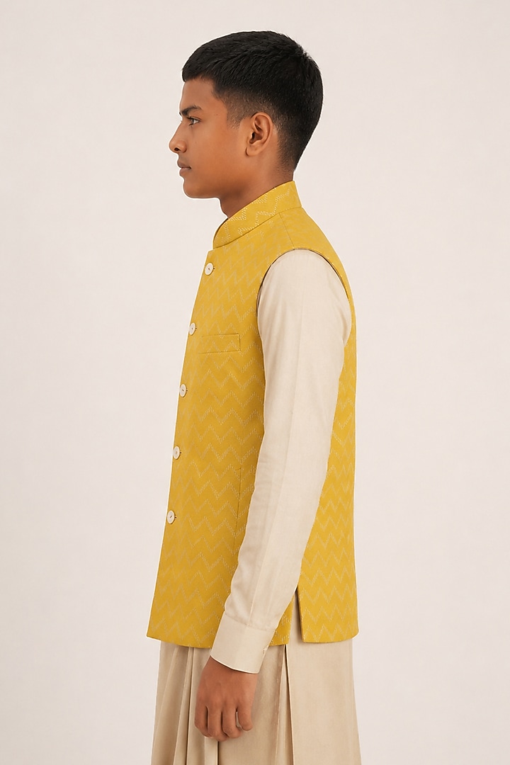 Marigold Yellow Cotton Silk Embroidered Nehru Jacket For Boys by Dhruv Vaish Kids at Pernia's Pop Up Shop