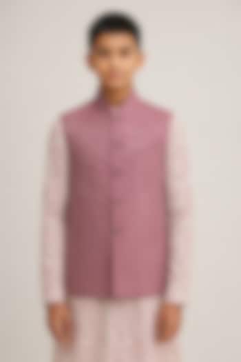 Mauve Mist Cotton Silk Embroidered Nehru Jacket For Boys by Dhruv Vaish Kids at Pernia's Pop Up Shop