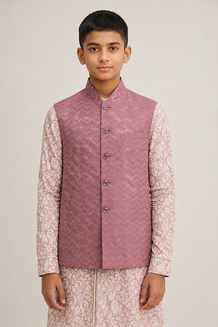 Mauve Mist Cotton Silk Embroidered Nehru Jacket For Boys by Dhruv Vaish Kids at Pernia's Pop Up Shop