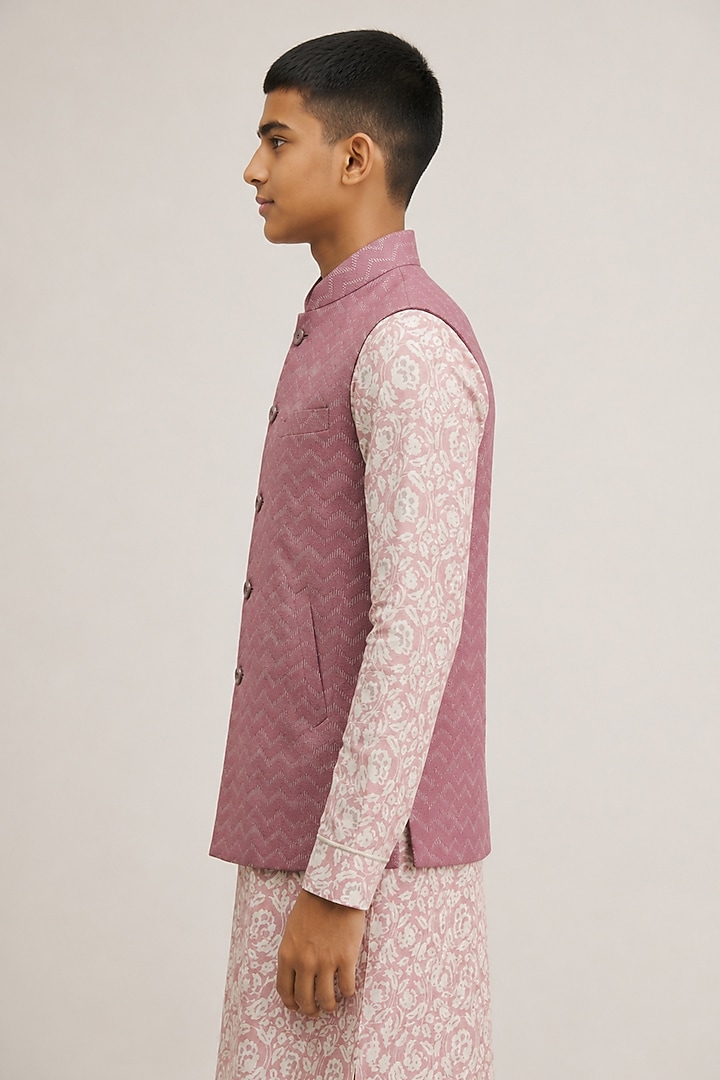 Mauve Mist Cotton Silk Embroidered Nehru Jacket For Boys by Dhruv Vaish Kids at Pernia's Pop Up Shop