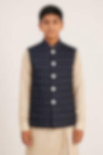 Navy Cotton Silk Embroidered Nehru Jacket For Boys For Boys by Dhruv Vaish Kids at Pernia's Pop Up Shop