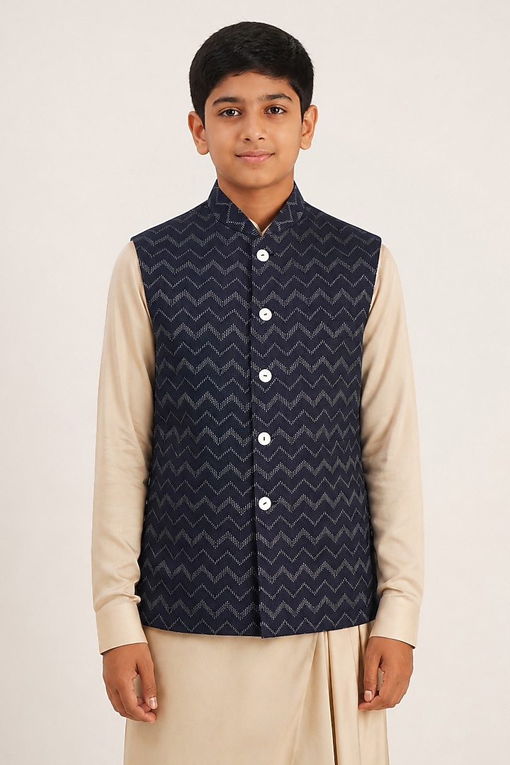 Navy Cotton Silk Embroidered Nehru Jacket For Boys For Boys by Dhruv Vaish Kids at Pernia's Pop Up Shop