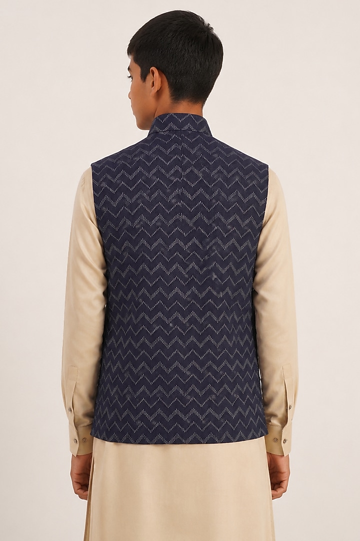 Navy Cotton Silk Embroidered Nehru Jacket For Boys For Boys by Dhruv Vaish Kids at Pernia's Pop Up Shop