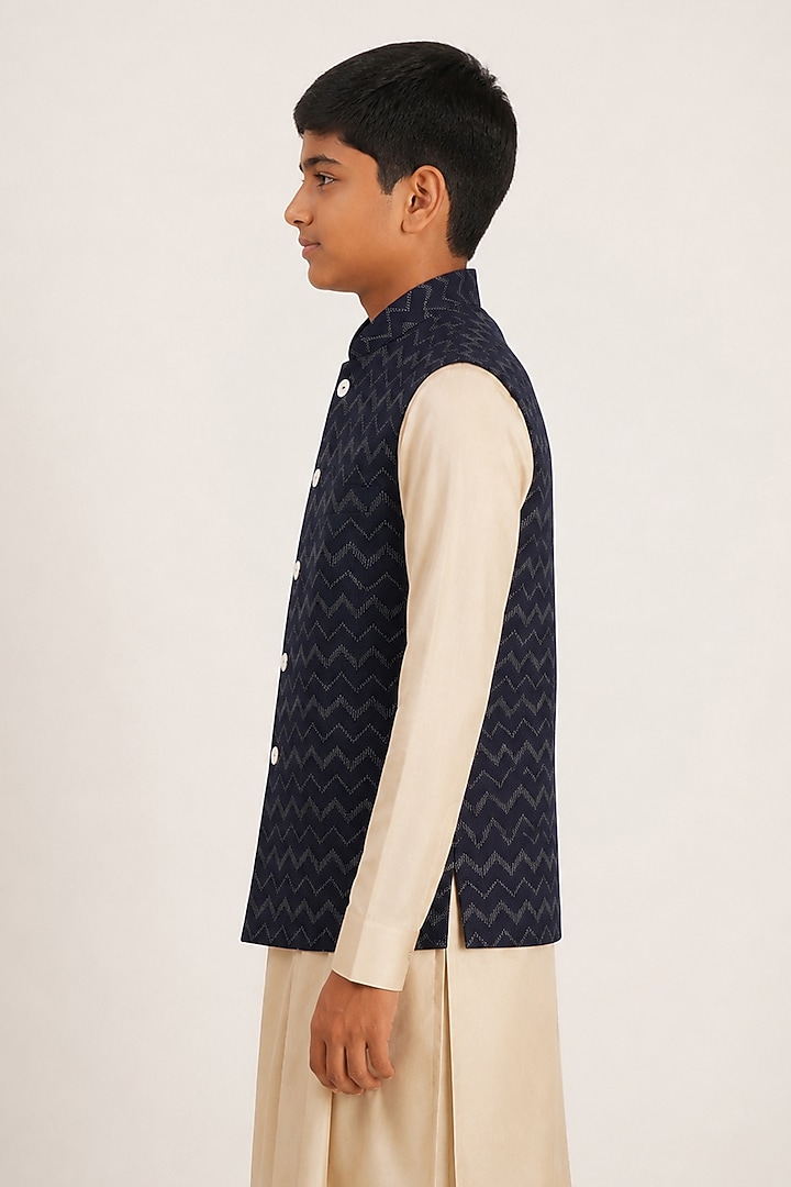 Navy Cotton Silk Embroidered Nehru Jacket For Boys For Boys by Dhruv Vaish Kids at Pernia's Pop Up Shop