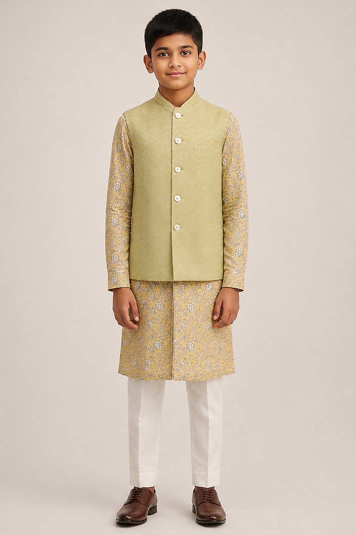 Pale Mint Cotton Silk Embroidered Nehru Jacket For Boys by Dhruv Vaish Kids at Pernia's Pop Up Shop