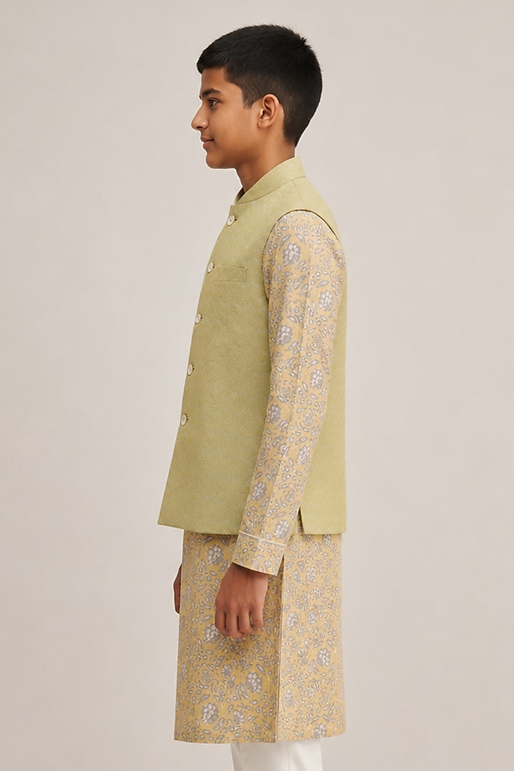 Pale Mint Cotton Silk Embroidered Nehru Jacket For Boys by Dhruv Vaish Kids at Pernia's Pop Up Shop