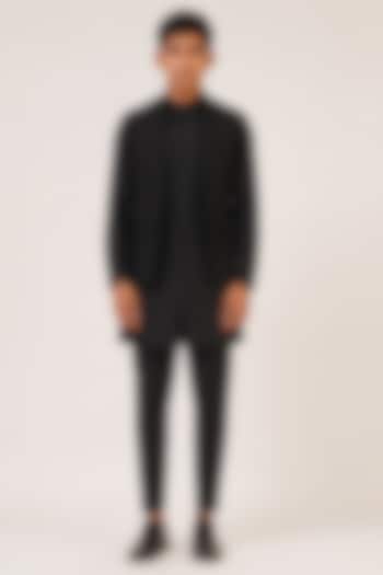 Black Silk French Knot Hand Embroidered Open Nehru Jacket Set For Boys by Dhruv Vaish Kids at Pernia's Pop Up Shop