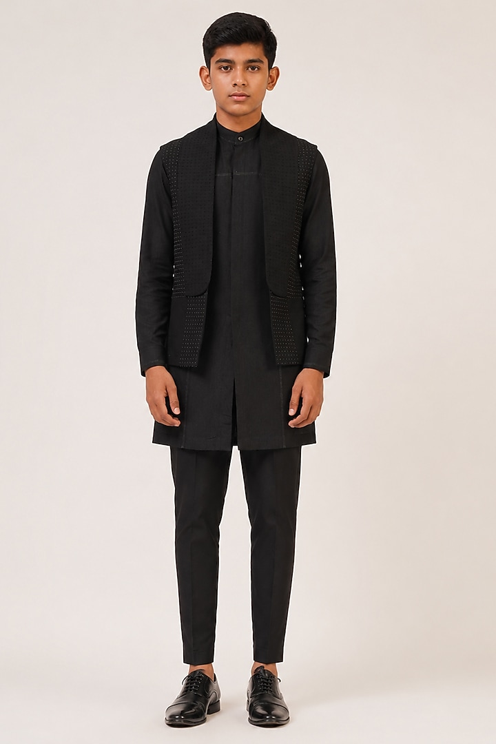 Black Silk French Knot Hand Embroidered Open Nehru Jacket Set For Boys by Dhruv Vaish Kids at Pernia's Pop Up Shop