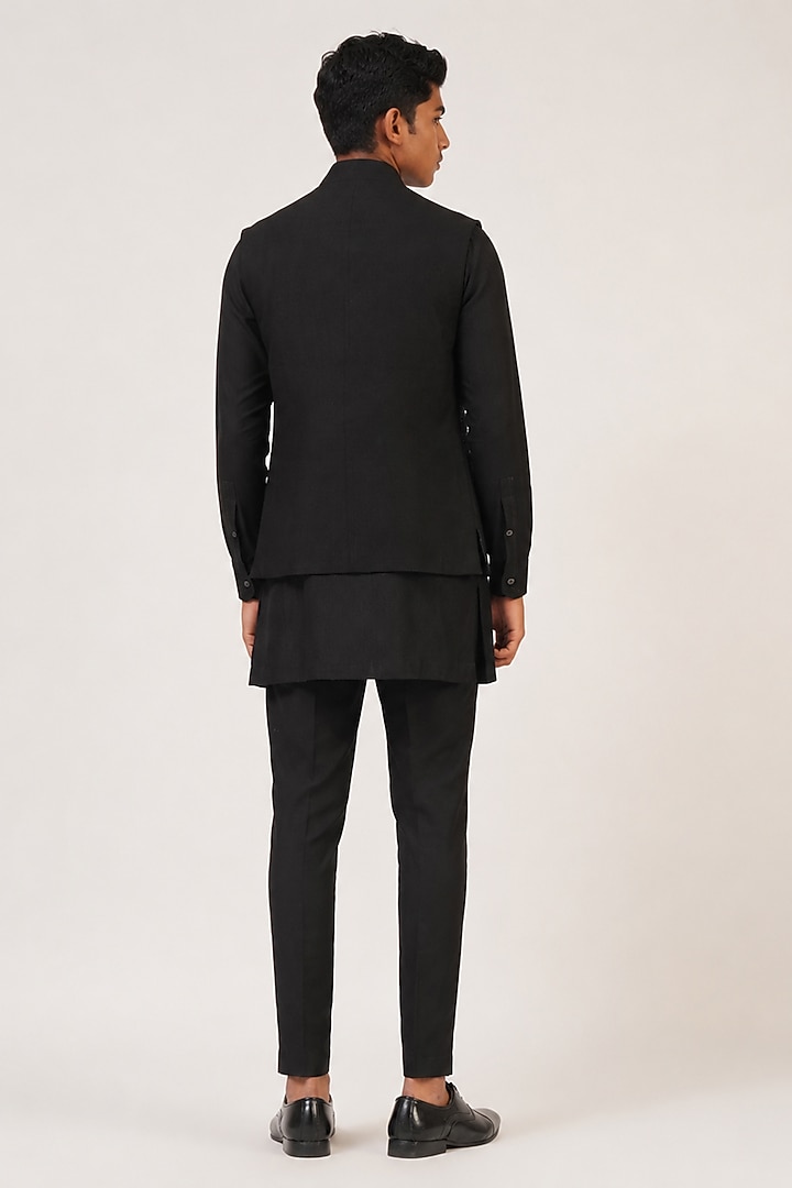 Black Silk French Knot Hand Embroidered Open Nehru Jacket Set For Boys by Dhruv Vaish Kids at Pernia's Pop Up Shop
