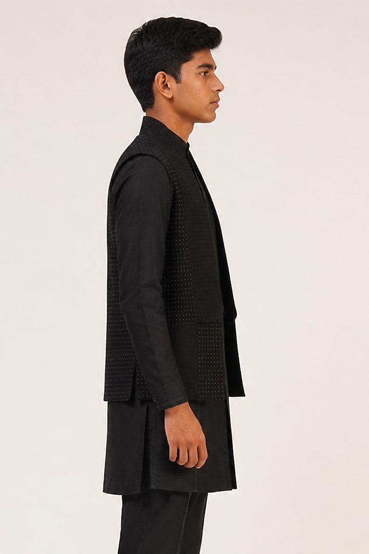 Black Silk French Knot Hand Embroidered Open Nehru Jacket Set For Boys by Dhruv Vaish Kids at Pernia's Pop Up Shop