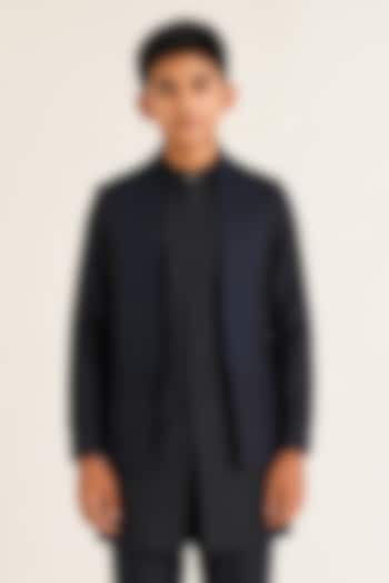 Navy Silk French Knot Hand Embroidered Open Nehru Jacket Set For Boys by Dhruv Vaish Kids at Pernia's Pop Up Shop