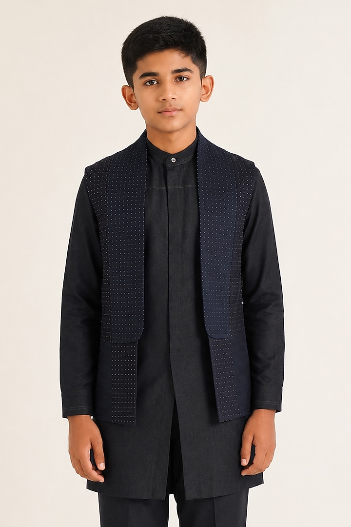 Navy Silk French Knot Hand Embroidered Open Nehru Jacket Set For Boys by Dhruv Vaish Kids at Pernia's Pop Up Shop