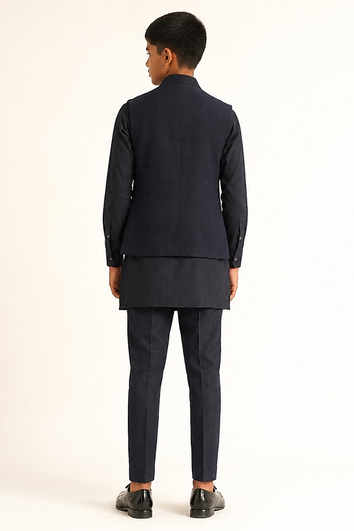 Navy Silk French Knot Hand Embroidered Open Nehru Jacket Set For Boys by Dhruv Vaish Kids at Pernia's Pop Up Shop