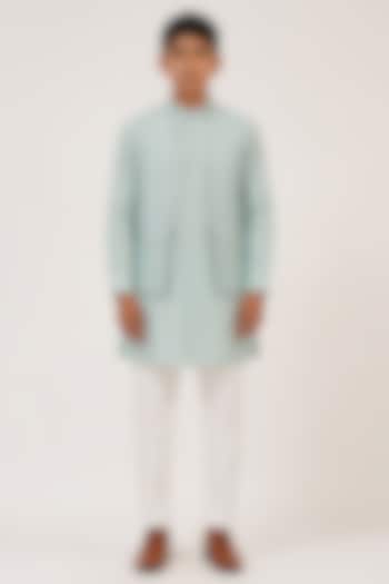 Powder Blue Silk French Knot Hand Embroidered Open Nehru Jacket Set For Boys by Dhruv Vaish Kids at Pernia's Pop Up Shop