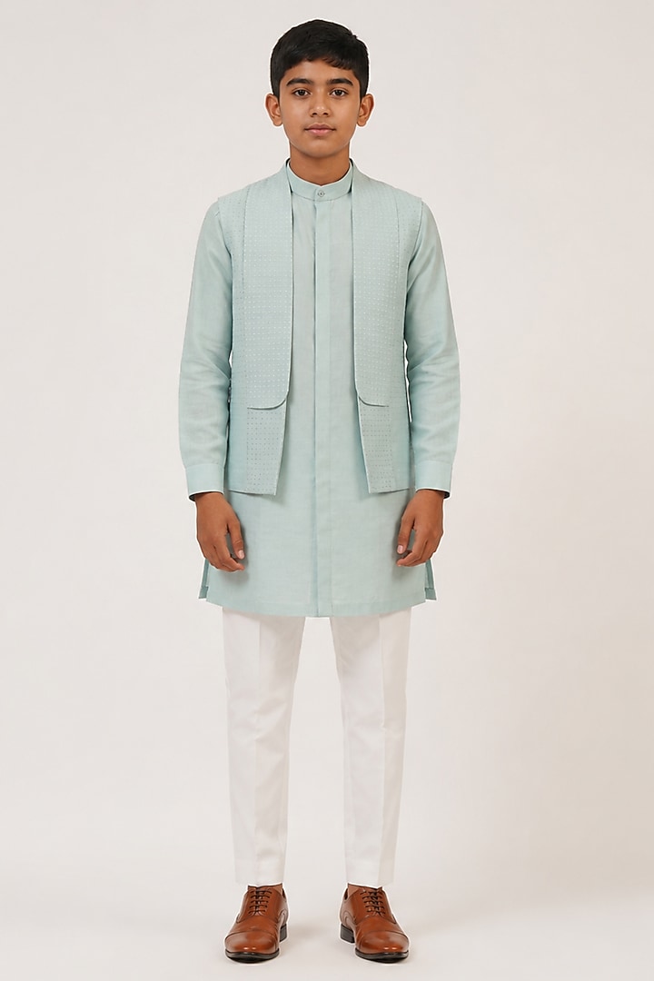 Powder Blue Silk French Knot Hand Embroidered Open Nehru Jacket Set For Boys by Dhruv Vaish Kids at Pernia's Pop Up Shop