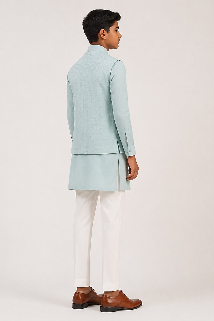Powder Blue Silk French Knot Hand Embroidered Open Nehru Jacket Set For Boys by Dhruv Vaish Kids at Pernia's Pop Up Shop
