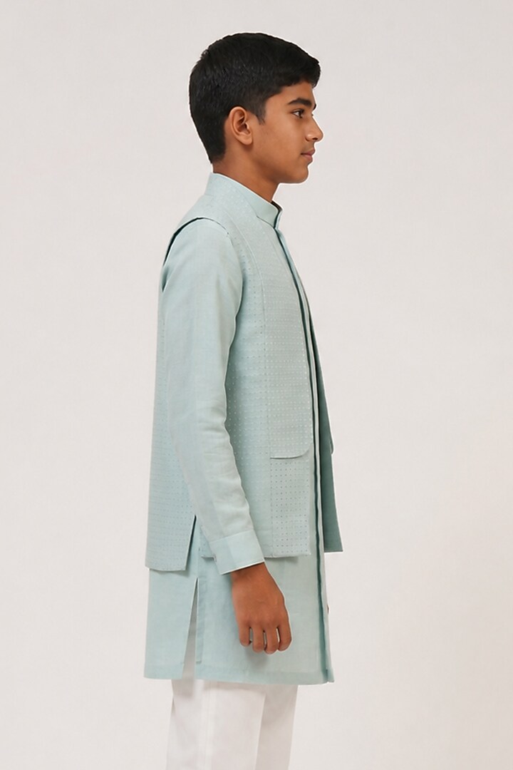Powder Blue Silk French Knot Hand Embroidered Open Nehru Jacket Set For Boys by Dhruv Vaish Kids at Pernia's Pop Up Shop