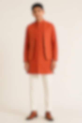 Rust Orange Silk French Knot Hand Embroidered Open Nehru Jacket Set For Boys by Dhruv Vaish Kids at Pernia's Pop Up Shop