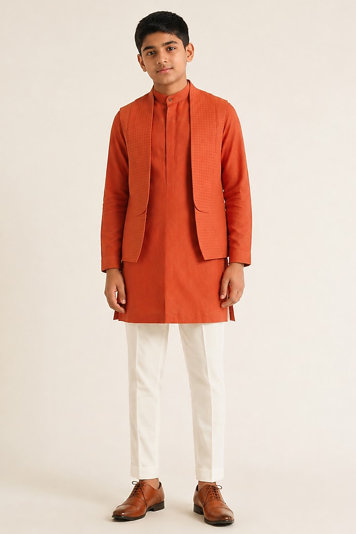 Rust Orange Silk French Knot Hand Embroidered Open Nehru Jacket Set For Boys by Dhruv Vaish Kids at Pernia's Pop Up Shop