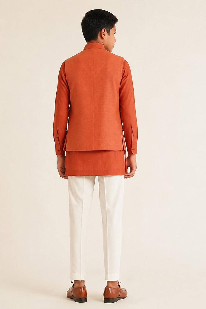 Rust Orange Silk French Knot Hand Embroidered Open Nehru Jacket Set For Boys by Dhruv Vaish Kids at Pernia's Pop Up Shop