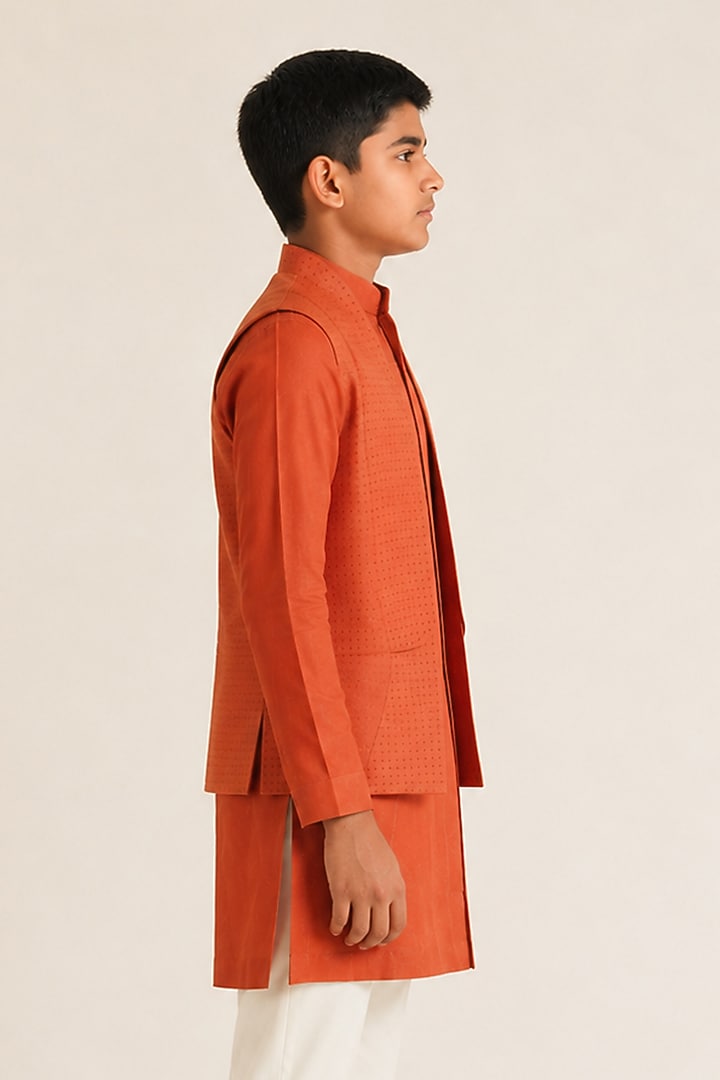 Rust Orange Silk French Knot Hand Embroidered Open Nehru Jacket Set For Boys by Dhruv Vaish Kids at Pernia's Pop Up Shop