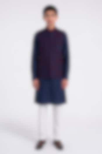 Navy Silk Lace Embroidered Nehru Jacket For Boys by Dhruv Vaish Kids at Pernia's Pop Up Shop