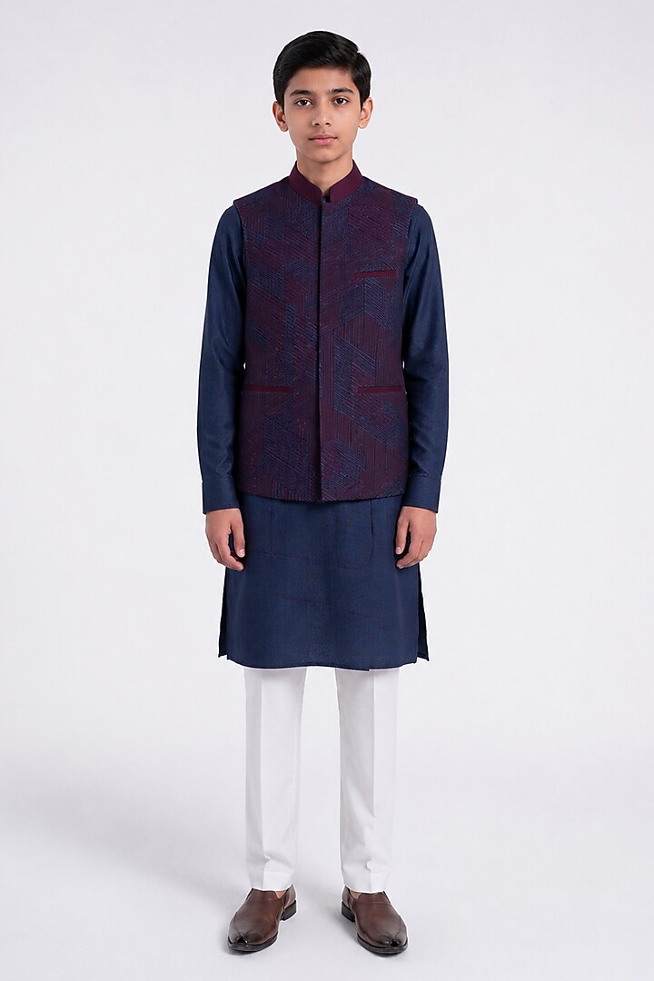 Navy Silk Lace Embroidered Nehru Jacket For Boys by Dhruv Vaish Kids at Pernia's Pop Up Shop