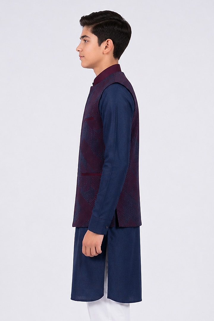 Navy Silk Lace Embroidered Nehru Jacket For Boys by Dhruv Vaish Kids at Pernia's Pop Up Shop