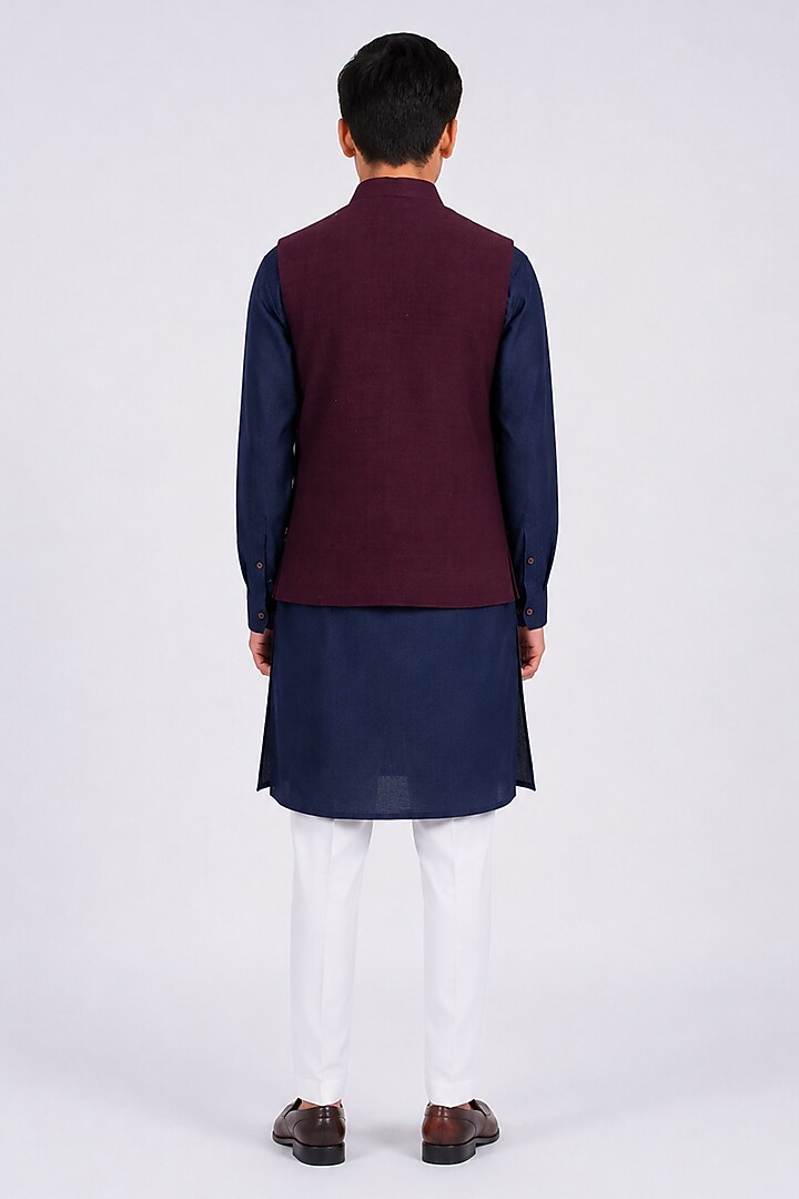 Navy Silk Lace Embroidered Nehru Jacket For Boys by Dhruv Vaish Kids at Pernia's Pop Up Shop