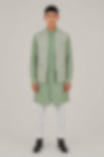 Jade Mist Silk Thread Embroidered Open Nehru Jacket For Boys by Dhruv Vaish Kids at Pernia's Pop Up Shop