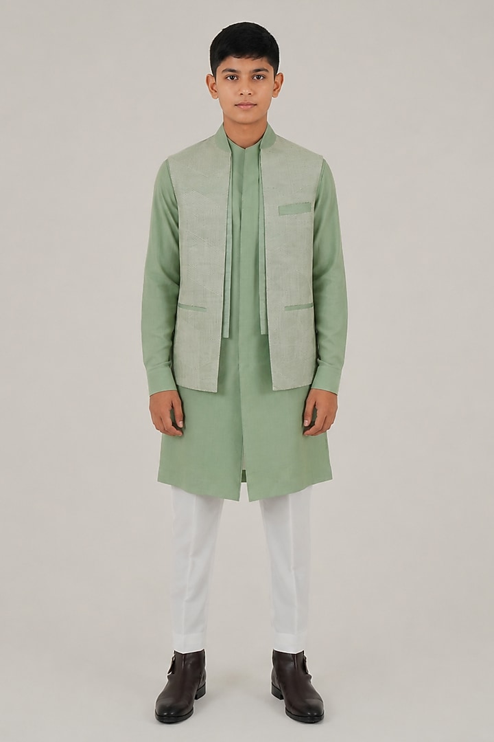 Jade Mist Silk Thread Embroidered Open Nehru Jacket For Boys by Dhruv Vaish Kids at Pernia's Pop Up Shop