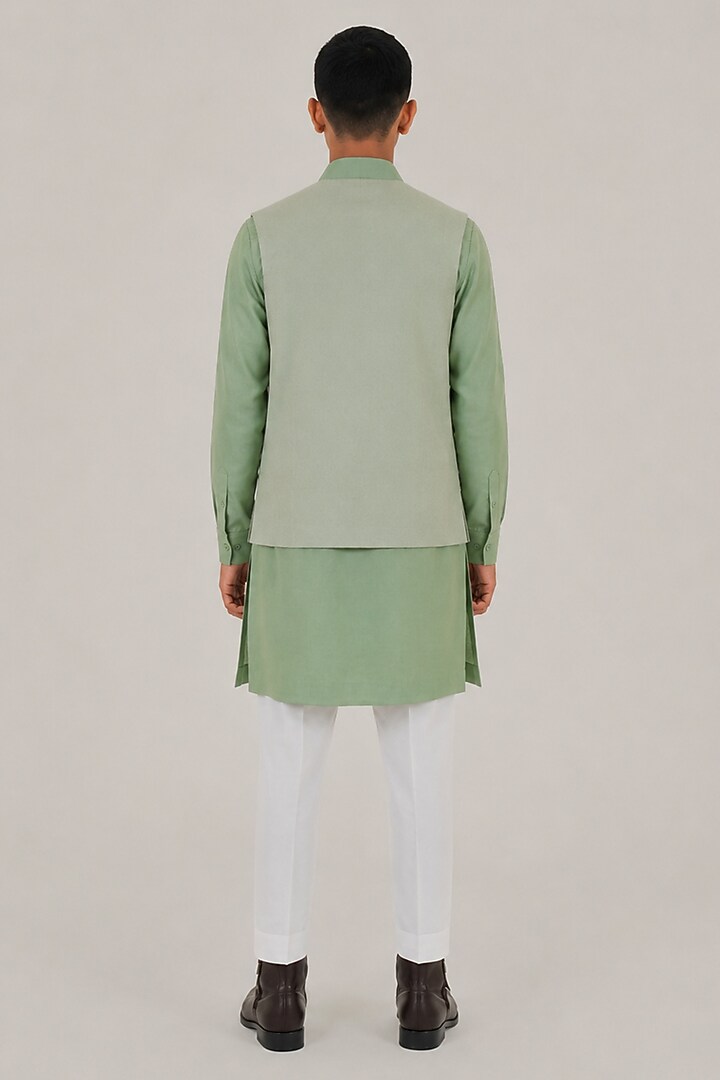 Jade Mist Silk Thread Embroidered Open Nehru Jacket For Boys by Dhruv Vaish Kids at Pernia's Pop Up Shop
