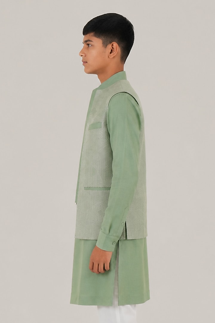 Jade Mist Silk Thread Embroidered Open Nehru Jacket For Boys by Dhruv Vaish Kids at Pernia's Pop Up Shop