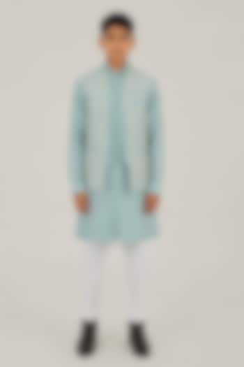 Powder Blue Silk Thread Embroidered Open Nehru Jacket For Boys by Dhruv Vaish Kids at Pernia's Pop Up Shop