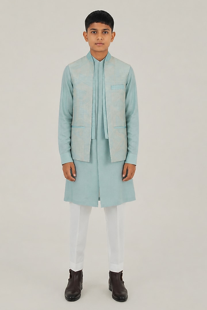 Powder Blue Silk Thread Embroidered Open Nehru Jacket For Boys by Dhruv Vaish Kids at Pernia's Pop Up Shop