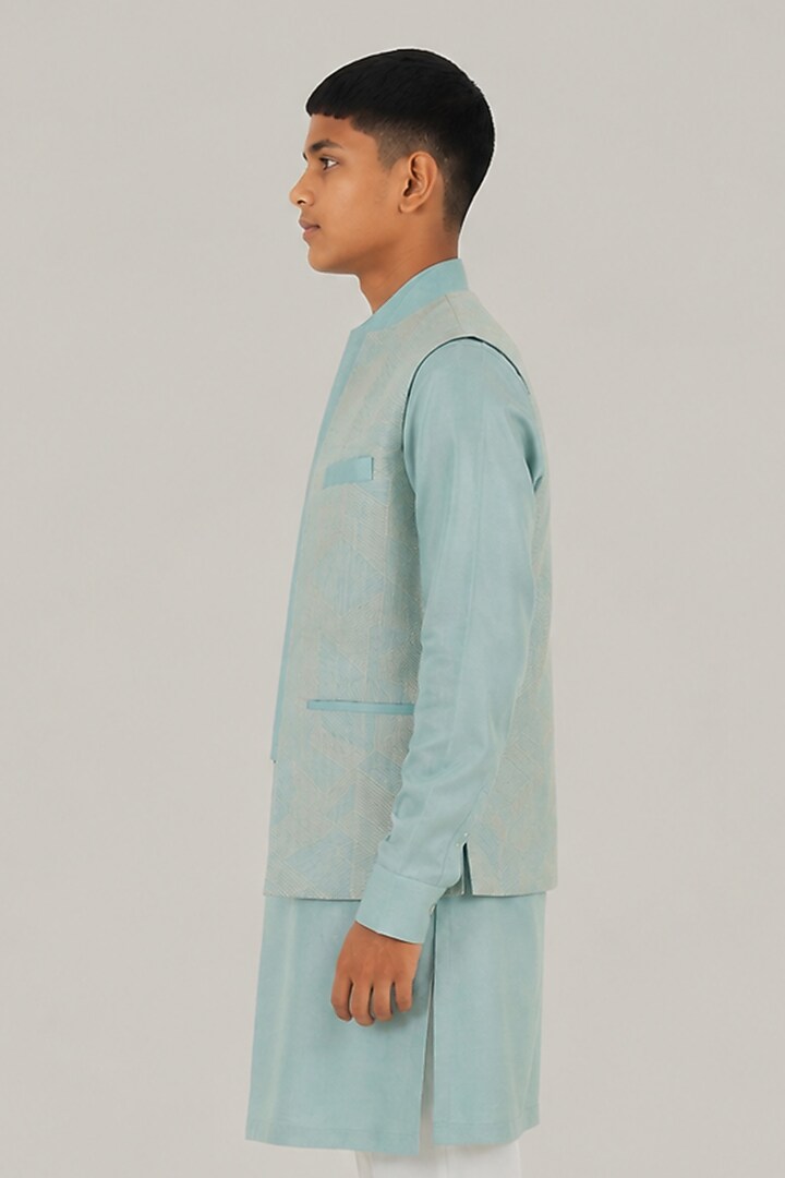 Powder Blue Silk Thread Embroidered Open Nehru Jacket For Boys by Dhruv Vaish Kids at Pernia's Pop Up Shop