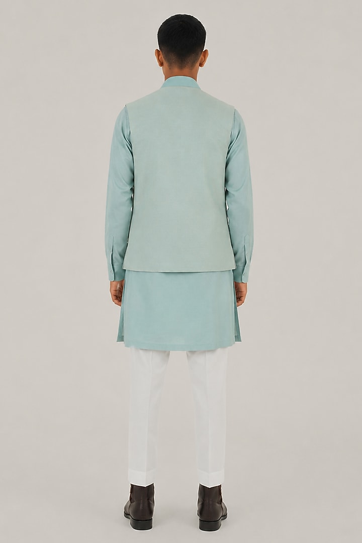 Powder Blue Silk Thread Embroidered Open Nehru Jacket For Boys by Dhruv Vaish Kids at Pernia's Pop Up Shop