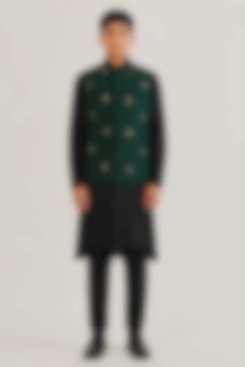 Bottle Green Silk Leaf Motif Embroidered Nehru Jacket For Boys by Dhruv Vaish Kids at Pernia's Pop Up Shop