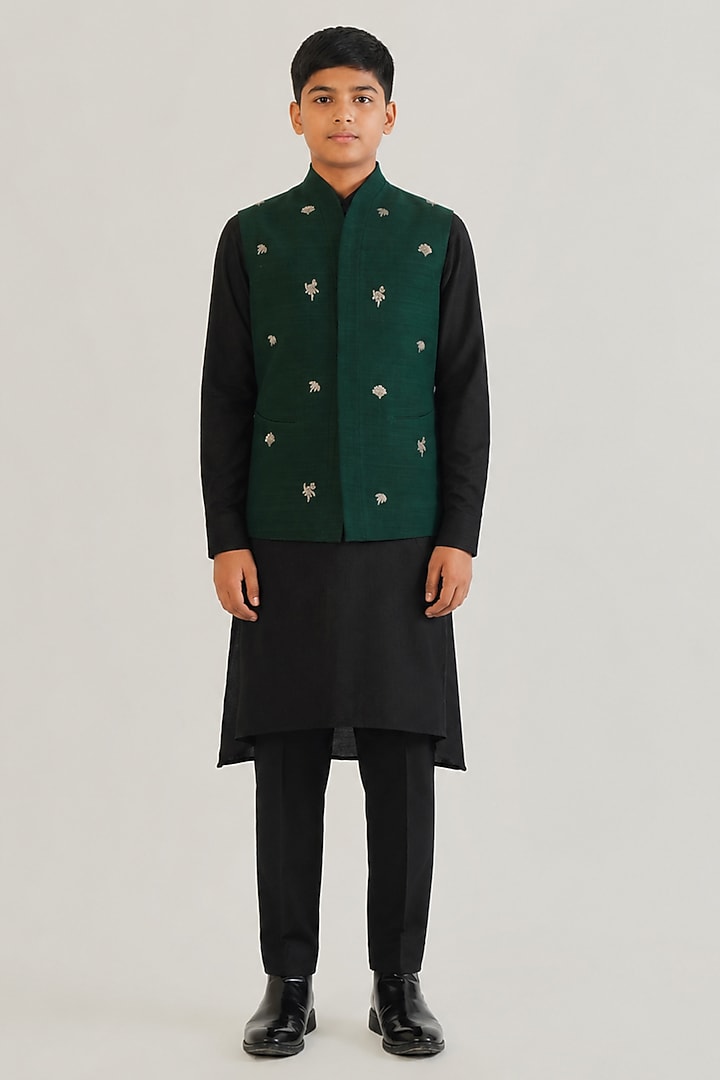 Bottle Green Silk Leaf Motif Embroidered Nehru Jacket For Boys by Dhruv Vaish Kids at Pernia's Pop Up Shop