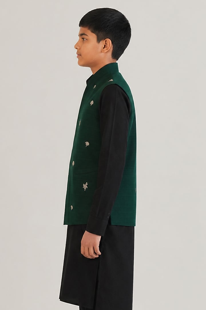 Bottle Green Silk Leaf Motif Embroidered Nehru Jacket For Boys by Dhruv Vaish Kids at Pernia's Pop Up Shop