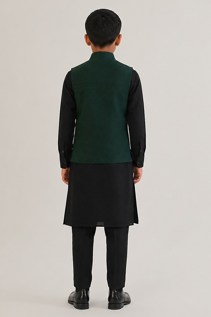 Bottle Green Silk Leaf Motif Embroidered Nehru Jacket For Boys by Dhruv Vaish Kids at Pernia's Pop Up Shop