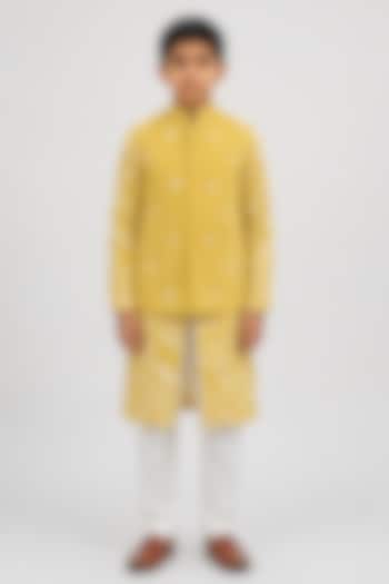 Marigold Yellow Silk Leaf Motif Embroidered Nehru Jacket For Boys by Dhruv Vaish Kids at Pernia's Pop Up Shop