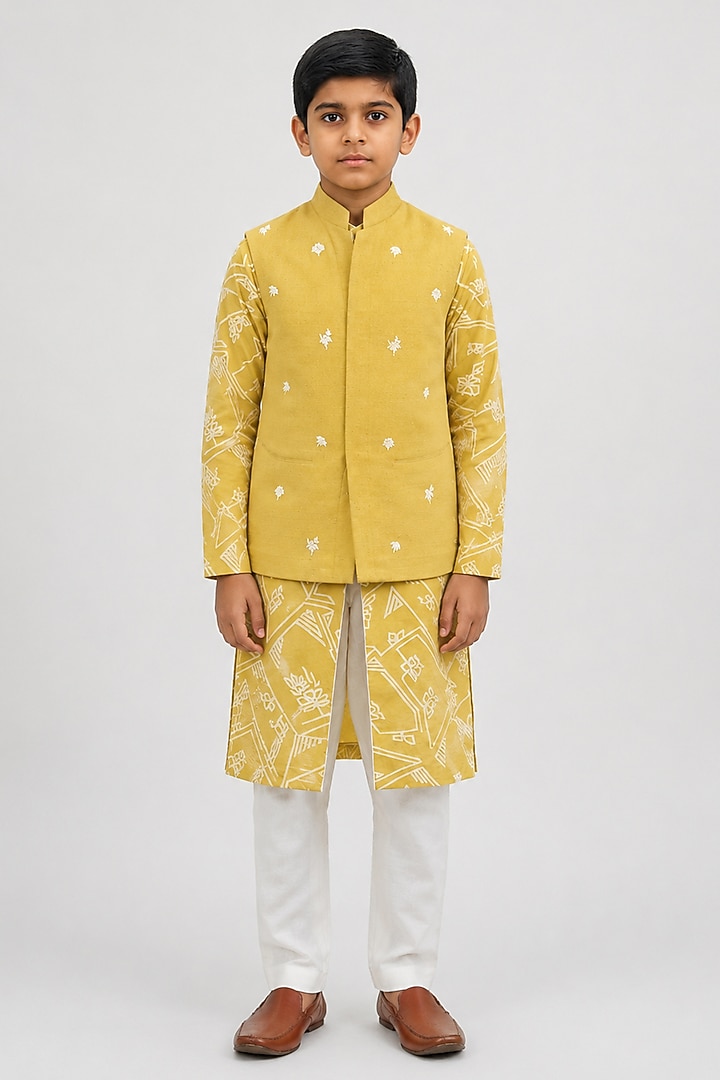 Marigold Yellow Silk Leaf Motif Embroidered Nehru Jacket For Boys by Dhruv Vaish Kids at Pernia's Pop Up Shop