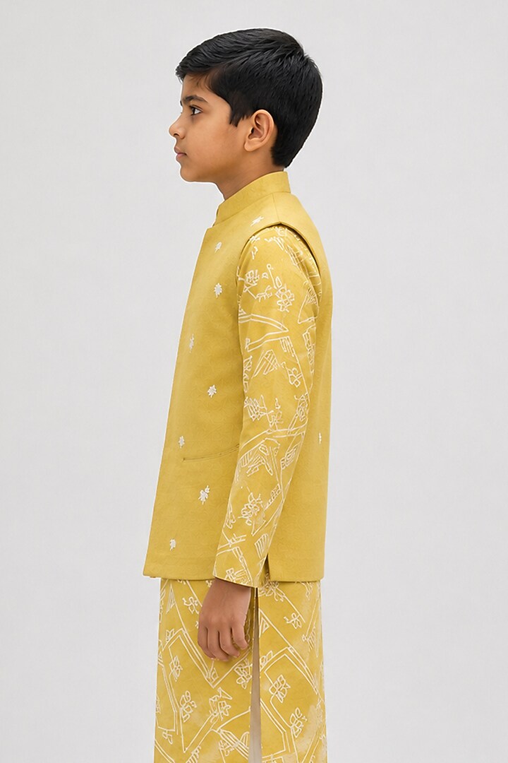 Marigold Yellow Silk Leaf Motif Embroidered Nehru Jacket For Boys by Dhruv Vaish Kids at Pernia's Pop Up Shop