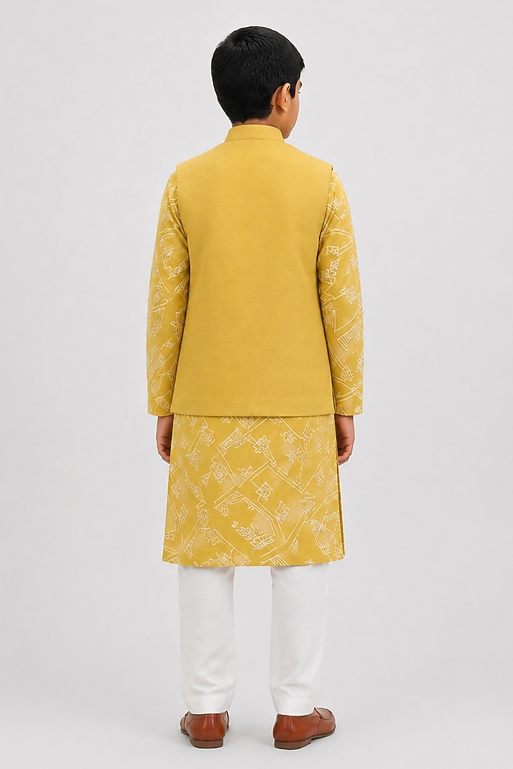 Marigold Yellow Silk Leaf Motif Embroidered Nehru Jacket For Boys by Dhruv Vaish Kids at Pernia's Pop Up Shop