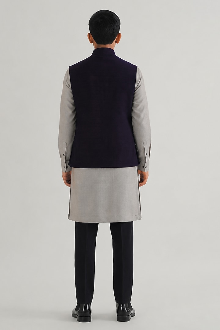 Midnight Purple Silk Leaf Motif Embroidered Nehru Jacket For Boys by Dhruv Vaish Kids at Pernia's Pop Up Shop