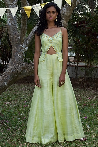 Lime Green Hand Embroidered Jumpsuit by Dhwaja