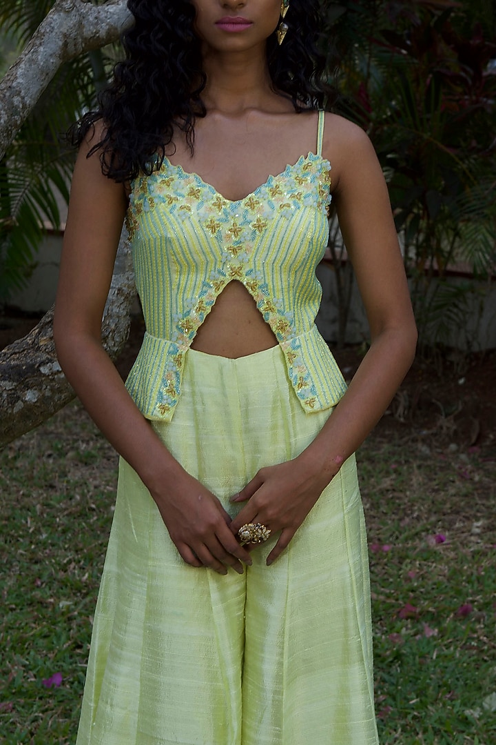 Lime Green Hand Embroidered Jumpsuit by Dhwaja at Pernia's Pop Up Shop